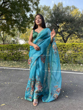 White Pearl Work Pure Organza Blue Saree